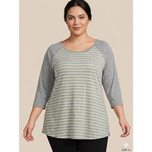 EVRI Plus Size 1X Raglan Top Gray Yellow Striped 3/4 Sleeve